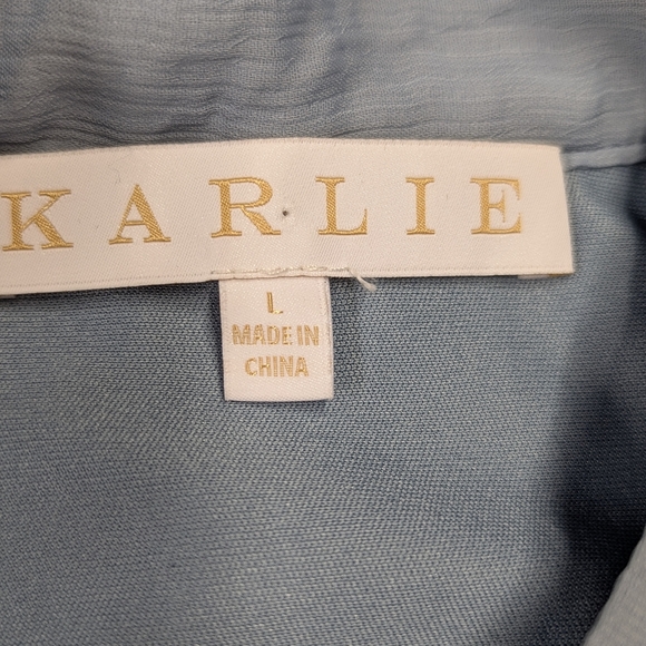 Karlie Blue Chiffon Mini Dress With Ruching Tiered Skirt Balloon Sleeves NWOT L - Picture 3 of 15